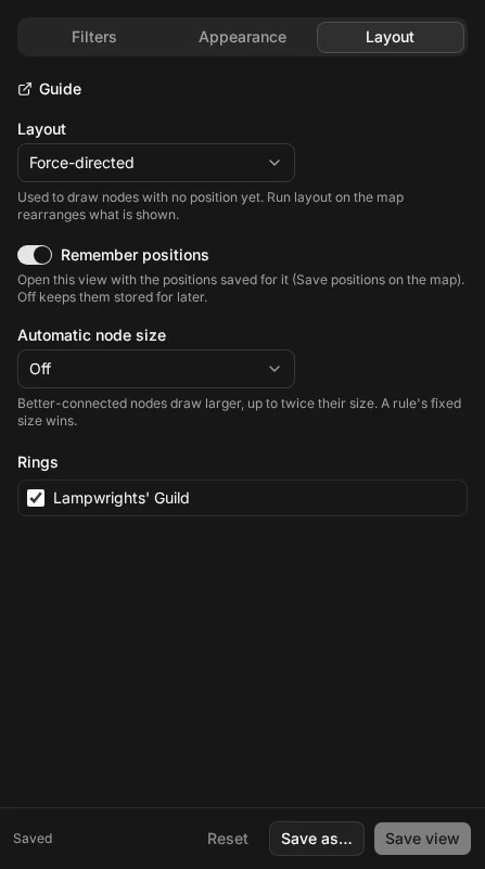 The Configure view sheet open on its Layout tab, with Remember positions switched on below the Layout choice